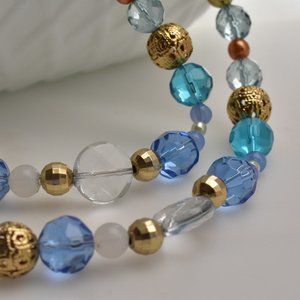 Blue Aqua White and Gold Tone Beaded Necklace